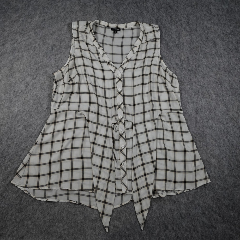 Torrid Top Women 0X Large White Plaid Button Tie Front Sleeveless Chiffon Blouse